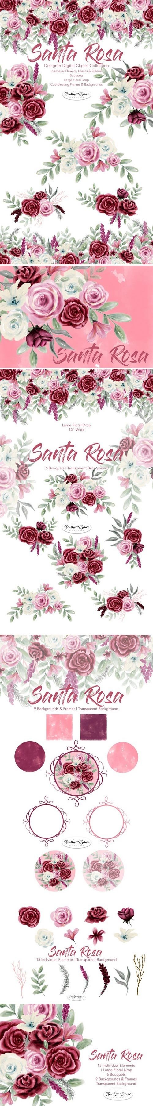 Watercolor Flowers Pink Burgundy - 1943271
