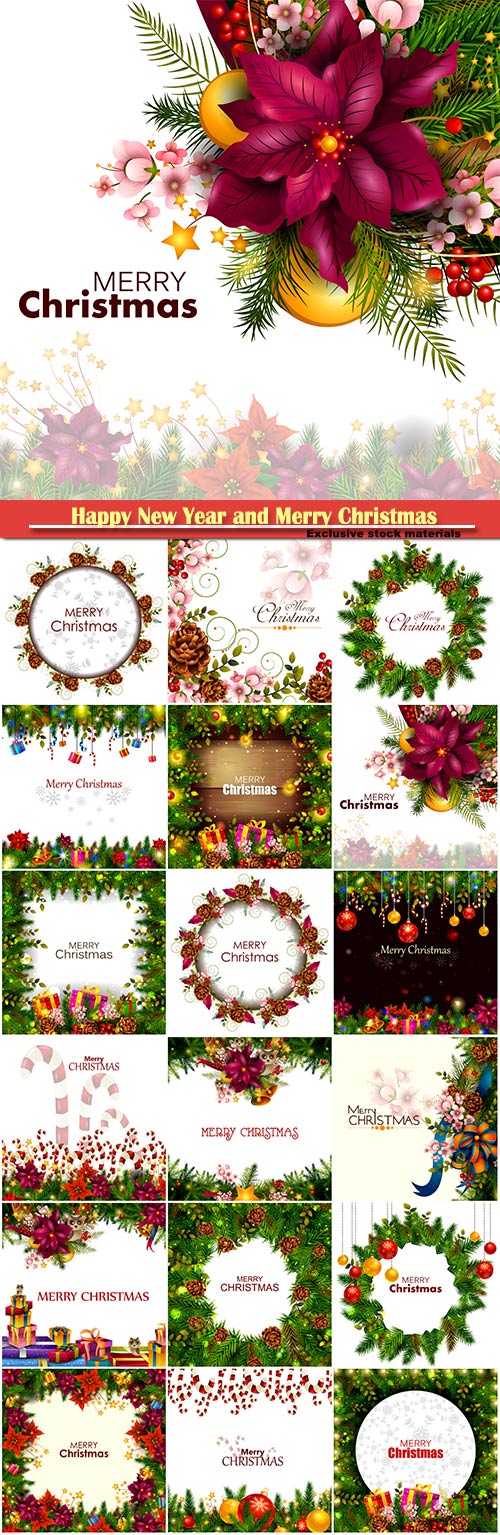 Happy New Year and Merry Christmas greeting vector illustration
