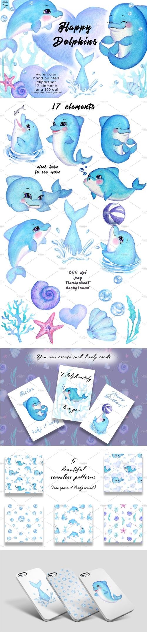 Watercolor Clipart - Happy Dolphins - 1989805