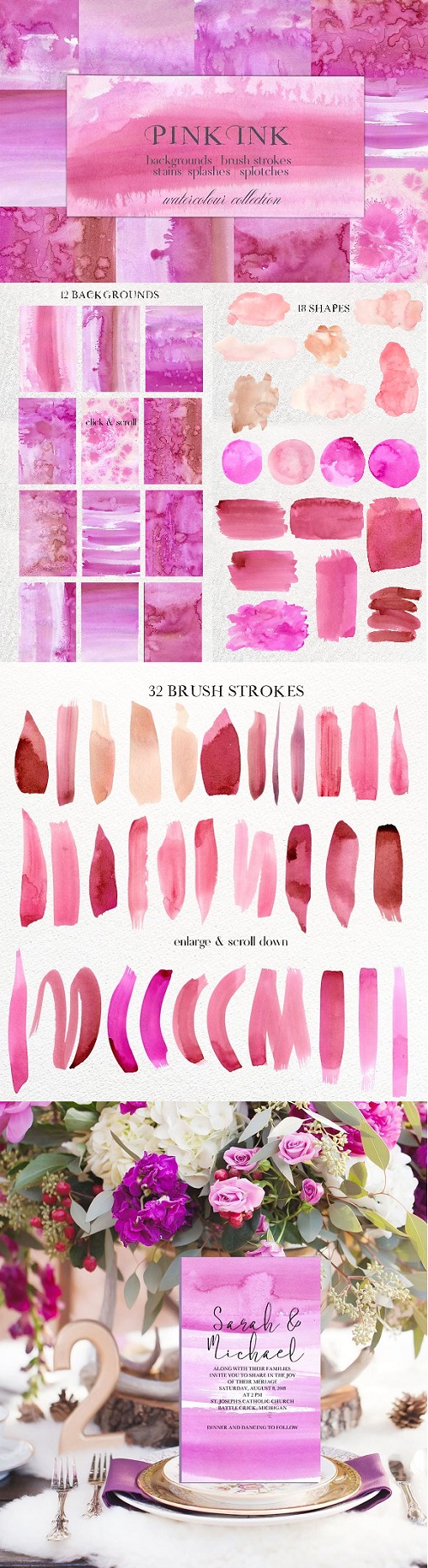 Pink Ink Watercolor Washes Splotches - 2036942