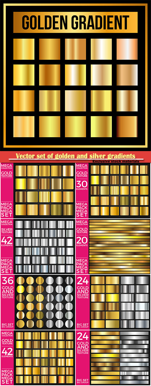 Vector set of golden and silver gradients