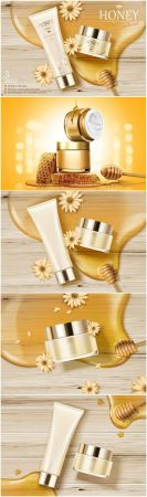 Honey skin care ads with golden color syrupin 3d vector illustration