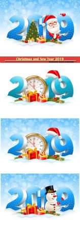 Christmas and New Year 2019 festive design vector illustration, Santa Claus, gifts, spruce branch...