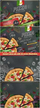 Savoury pizza ads with 3d vector illustration