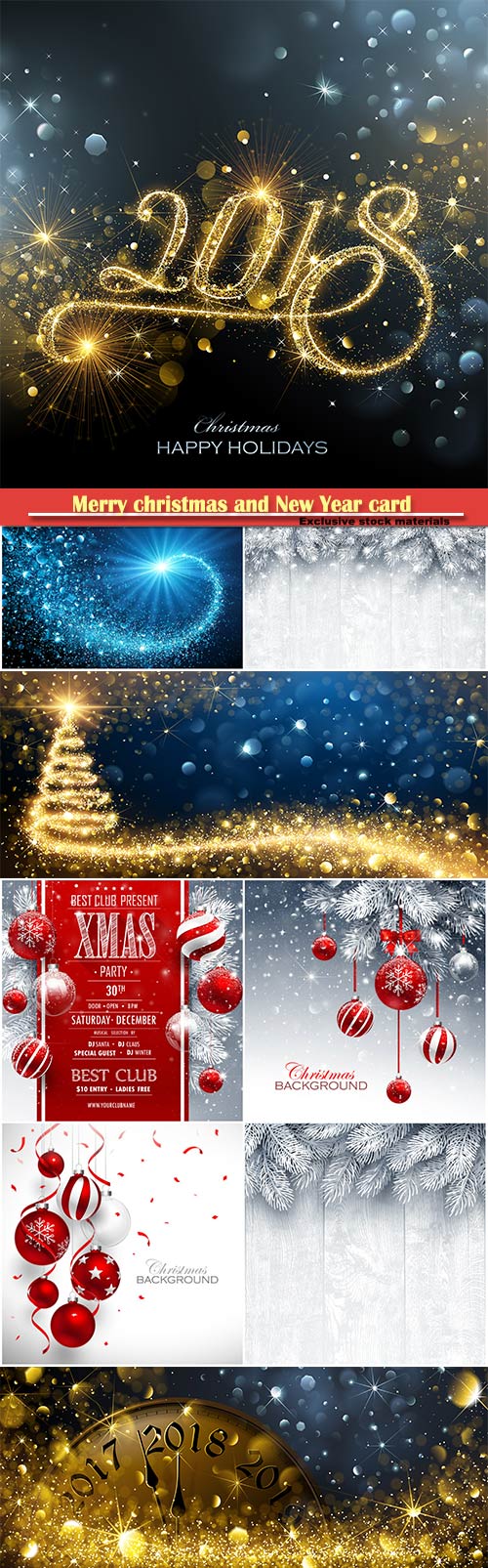 Merry christmas and New Year card with red balls and fir branches, snowy sparkling background