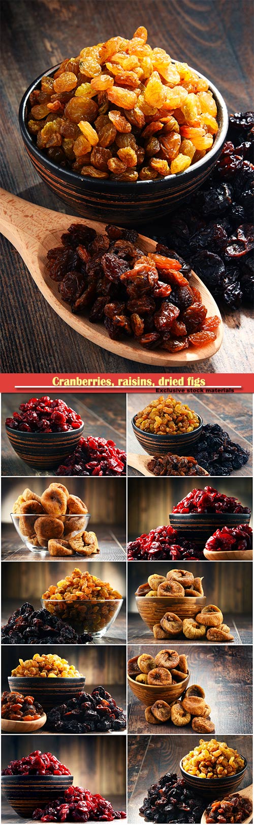 Composition with bowl of dried cranberries, raisins, dried figs