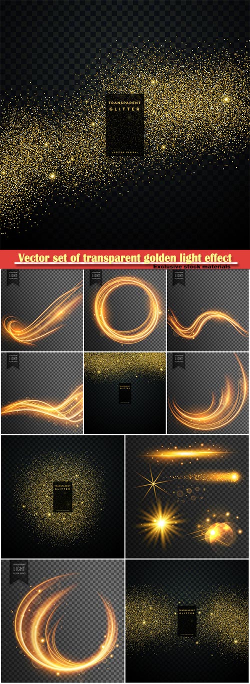 Vector set of transparent golden light effect, shiny sparkles confetti back ...