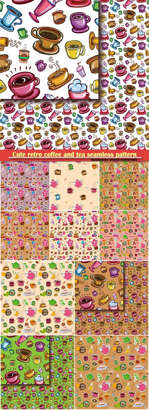 Cute retro coffee and tea seamless pattern with teapots, cups, entertainmen ...