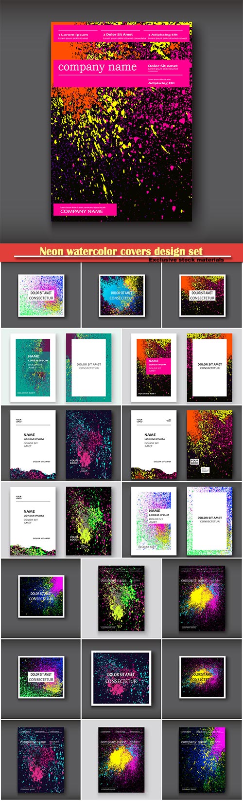 Neon watercolor covers design set, flyer, business card