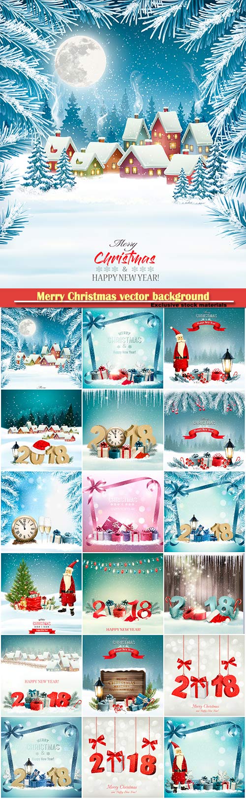Merry Christmas vector background with 2018 and gift boxes and branch of tree